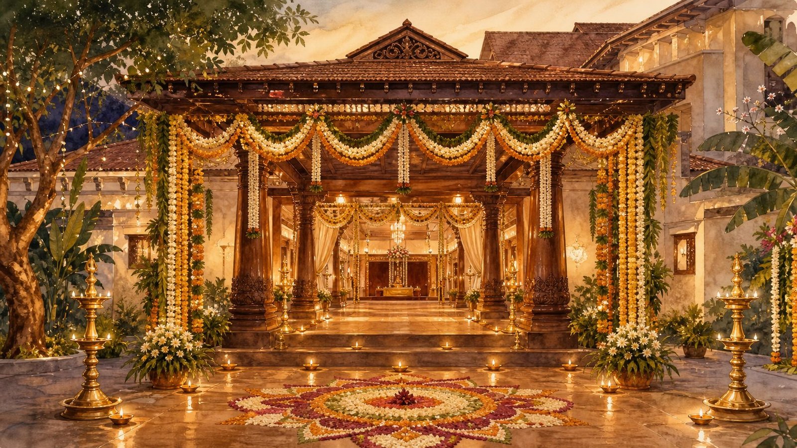 Decorated South Indian wedding function hall illustration